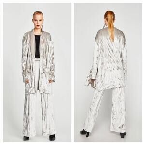 Zara Silver Velvet Draped Open Long Cardigan Duster Small Boho Festival